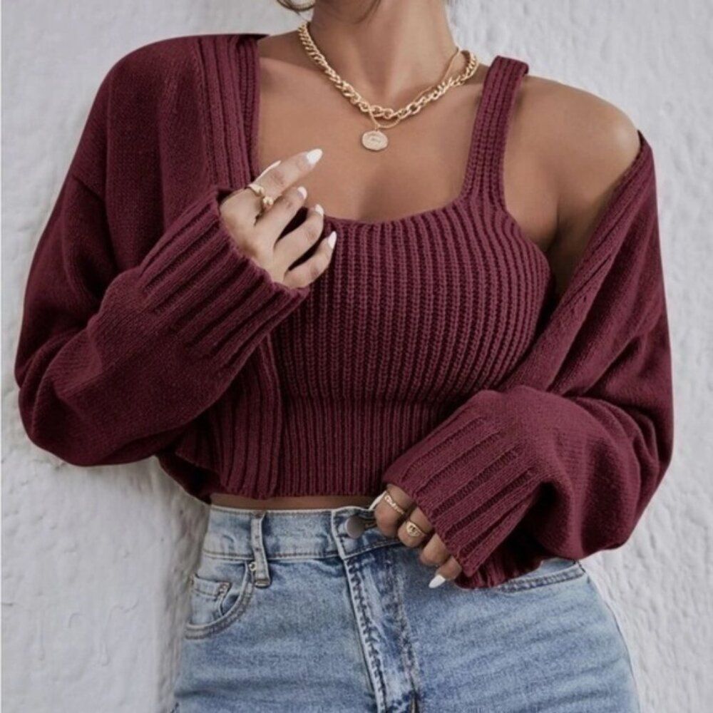 Shein Burgundy 2 Two piece Cropped Tank Top Cami Sweater Cardigan L